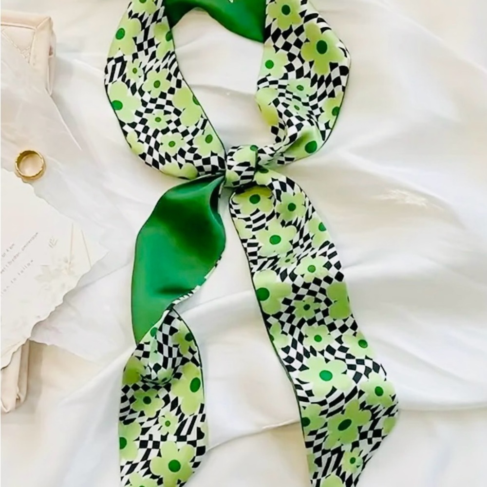 Green Geometric Floral Satin Scarf – Inspirational Silk-Inspired Accessory